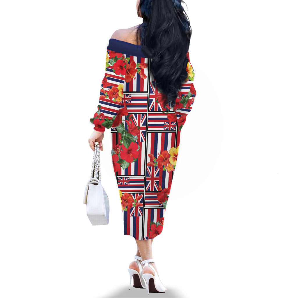 Hawaii Hibiscus Lei Family Matching Off The Shoulder Long Sleeve Dress and Hawaiian Shirt Hawaiian Flag Motif