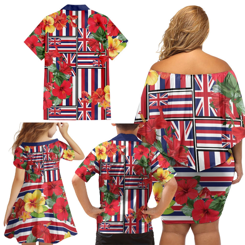 Hawaii Hibiscus Lei Family Matching Off Shoulder Short Dress and Hawaiian Shirt Hawaiian Flag Motif