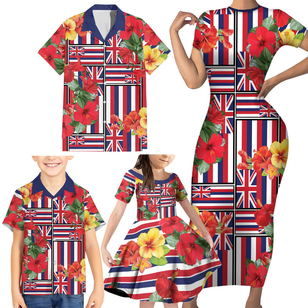 Hawaii Hibiscus Lei Family Matching Short Sleeve Bodycon Dress and Hawaiian Shirt Hawaiian Flag Motif