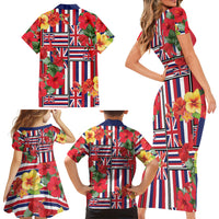 Hawaii Hibiscus Lei Family Matching Short Sleeve Bodycon Dress and Hawaiian Shirt Hawaiian Flag Motif