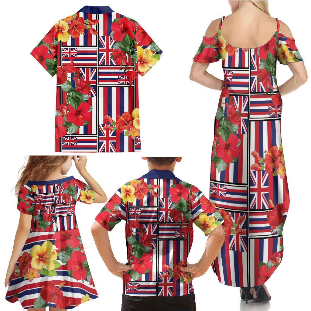 Hawaii Hibiscus Lei Family Matching Summer Maxi Dress and Hawaiian Shirt Hawaiian Flag Motif