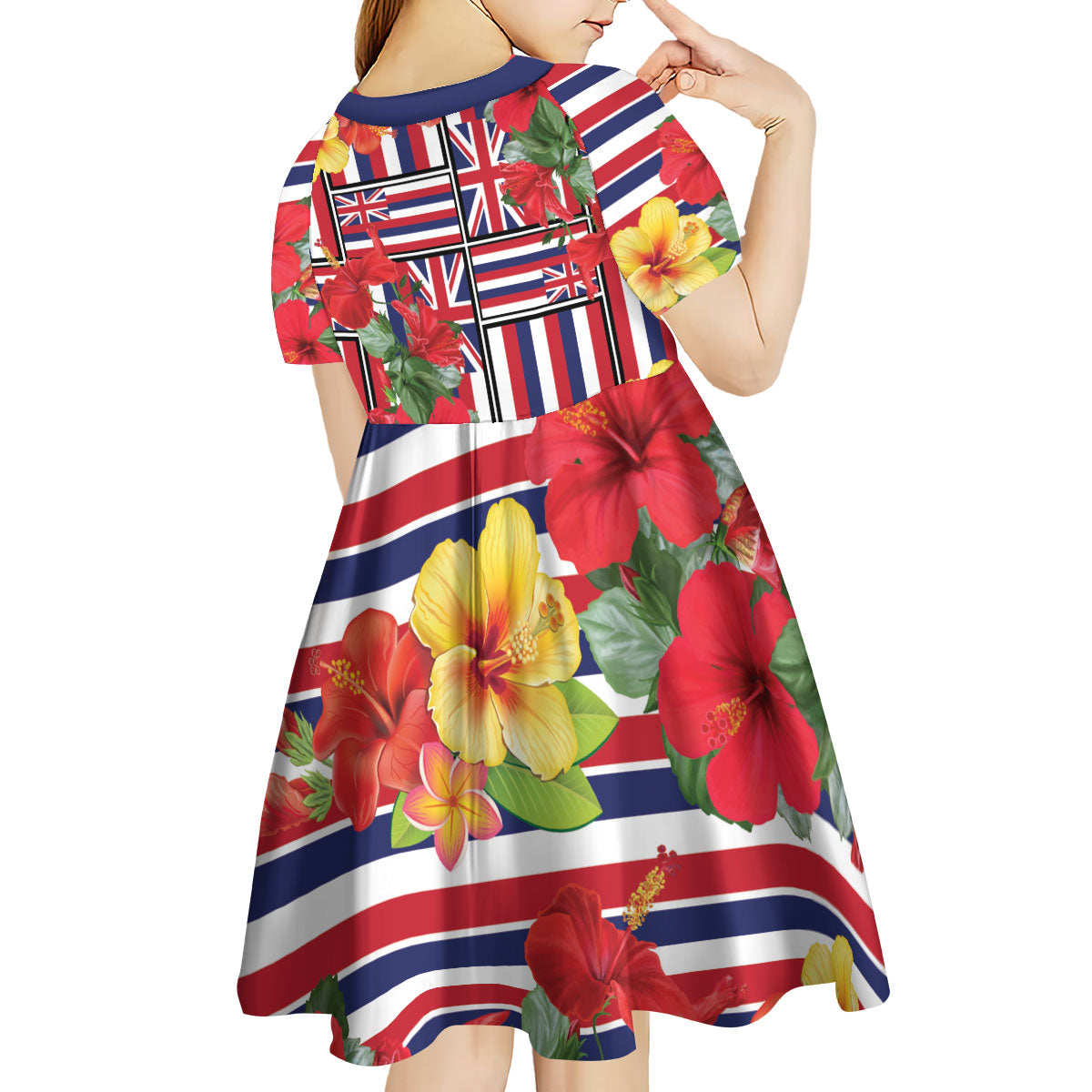 Hawaii Hibiscus Lei Kid Short Sleeve Dress Hawaiian Flag Motif