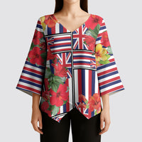 Hawaii Hibiscus Lei Kimono Sleeve Blouse Hawaiian Flag Motif