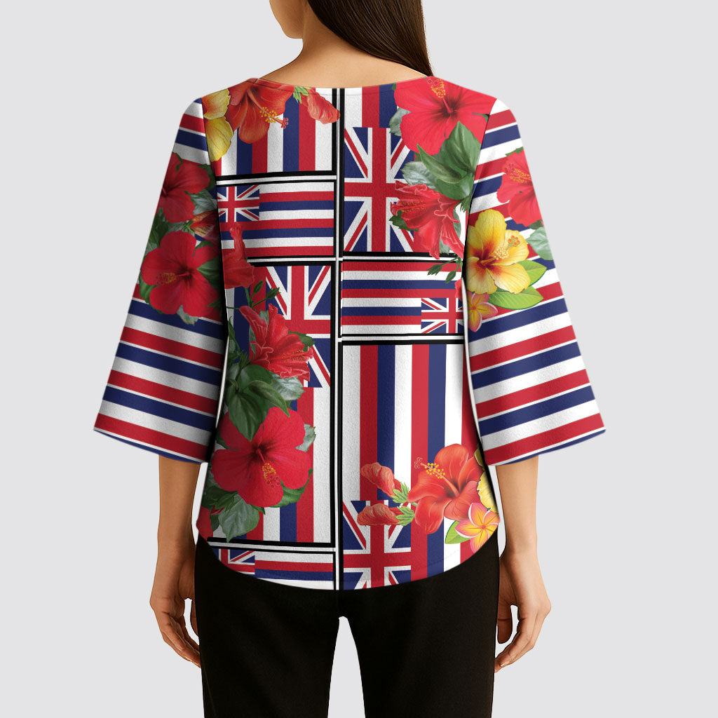 Hawaii Hibiscus Lei Kimono Sleeve Blouse Hawaiian Flag Motif