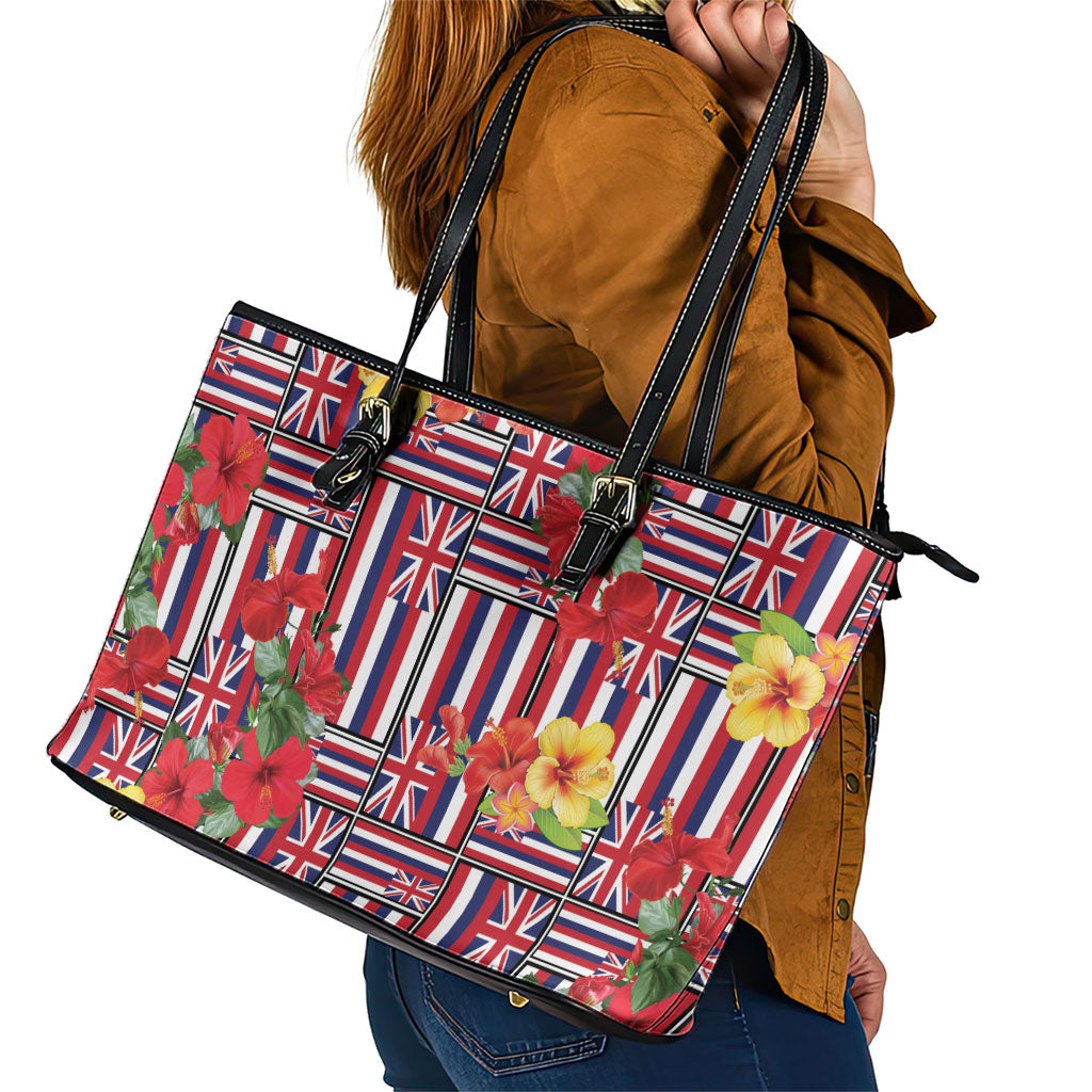 Hawaii Hibiscus Lei Leather Tote Bag Hawaiian Flag Motif