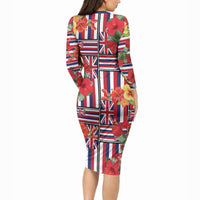 Hawaii Hibiscus Lei Long Sleeve Bodycon Dress Hawaiian Flag Motif LT9 - Polynesian Pride