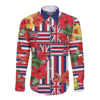 Hawaii Hibiscus Lei Long Sleeve Button Shirt Hawaiian Flag Motif