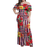 Hawaii Hibiscus Lei Off Shoulder Maxi Dress Hawaiian Flag Motif