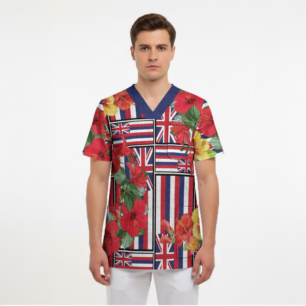 Hawaii Hibiscus Lei Scrub Top Hawaiian Flag Motif