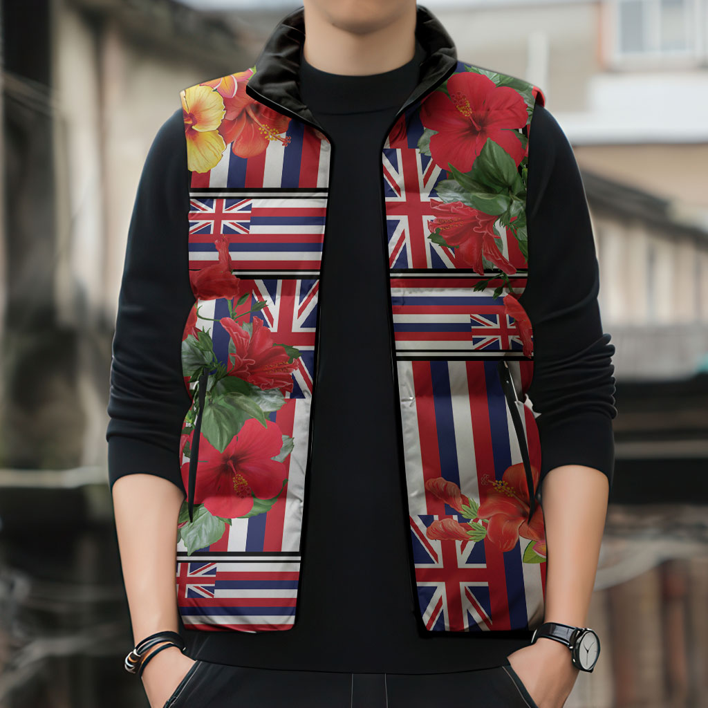 Hawaii Hibiscus Lei Sleeveless Puffer Jacket Hawaiian Flag Motif