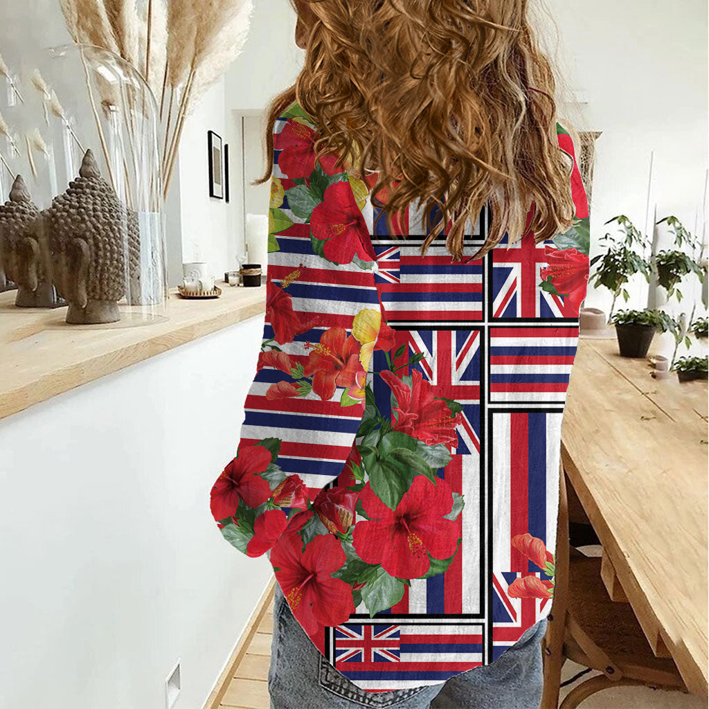 Hawaii Hibiscus Lei Women Casual Shirt Hawaiian Flag Motif