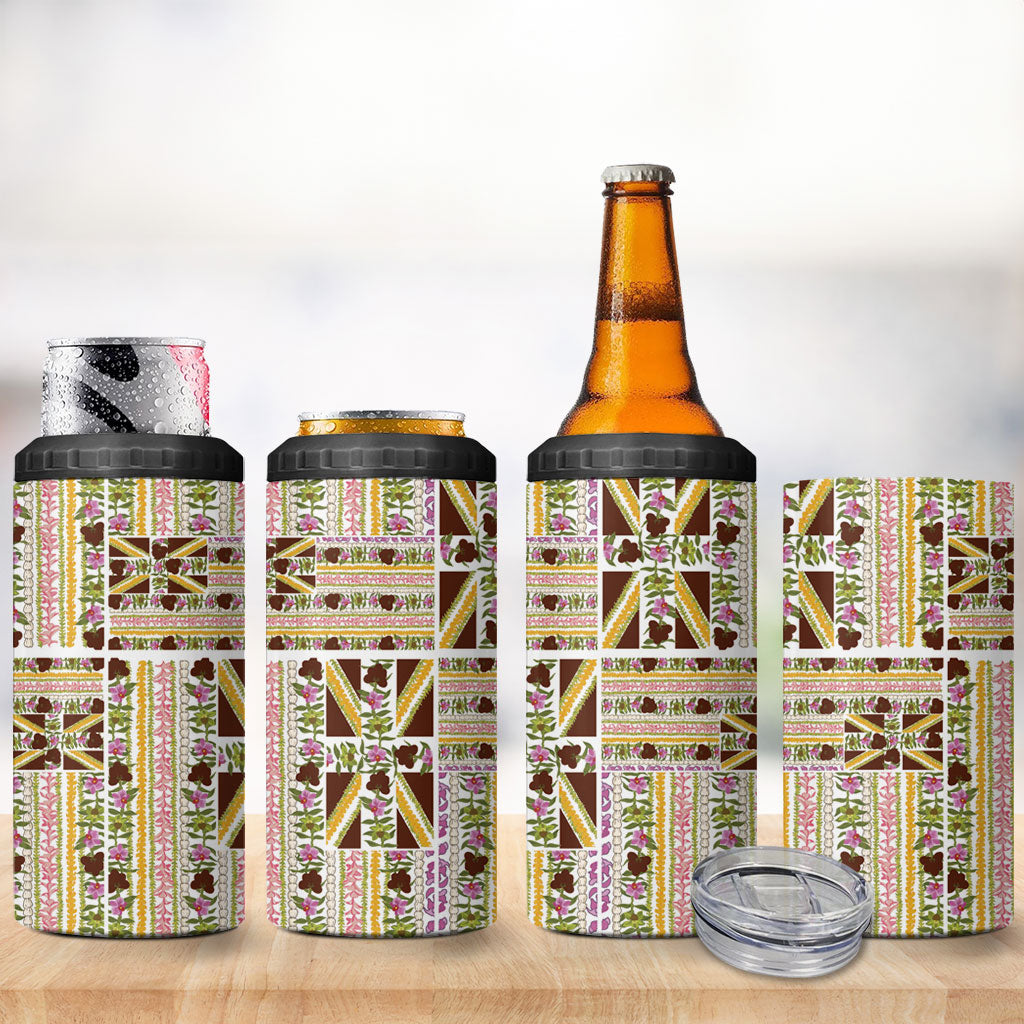 Hawaii Lokelani Pikake Lei 4 in 1 Can Cooler Tumbler Hawaiian Flag Motif