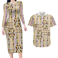 Hawaii Lokelani Pikake Lei Couples Matching Long Sleeve Bodycon Dress and Hawaiian Shirt Hawaiian Flag Motif