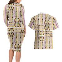 Hawaii Lokelani Pikake Lei Couples Matching Long Sleeve Bodycon Dress and Hawaiian Shirt Hawaiian Flag Motif