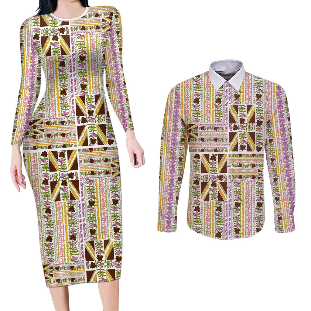 Hawaii Lokelani Pikake Lei Couples Matching Long Sleeve Bodycon Dress and Long Sleeve Button Shirt Hawaiian Flag Motif