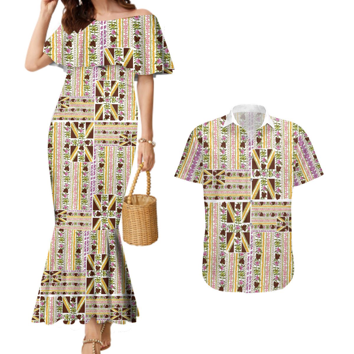 Hawaii Lokelani Pikake Lei Couples Matching Mermaid Dress and Hawaiian Shirt Hawaiian Flag Motif