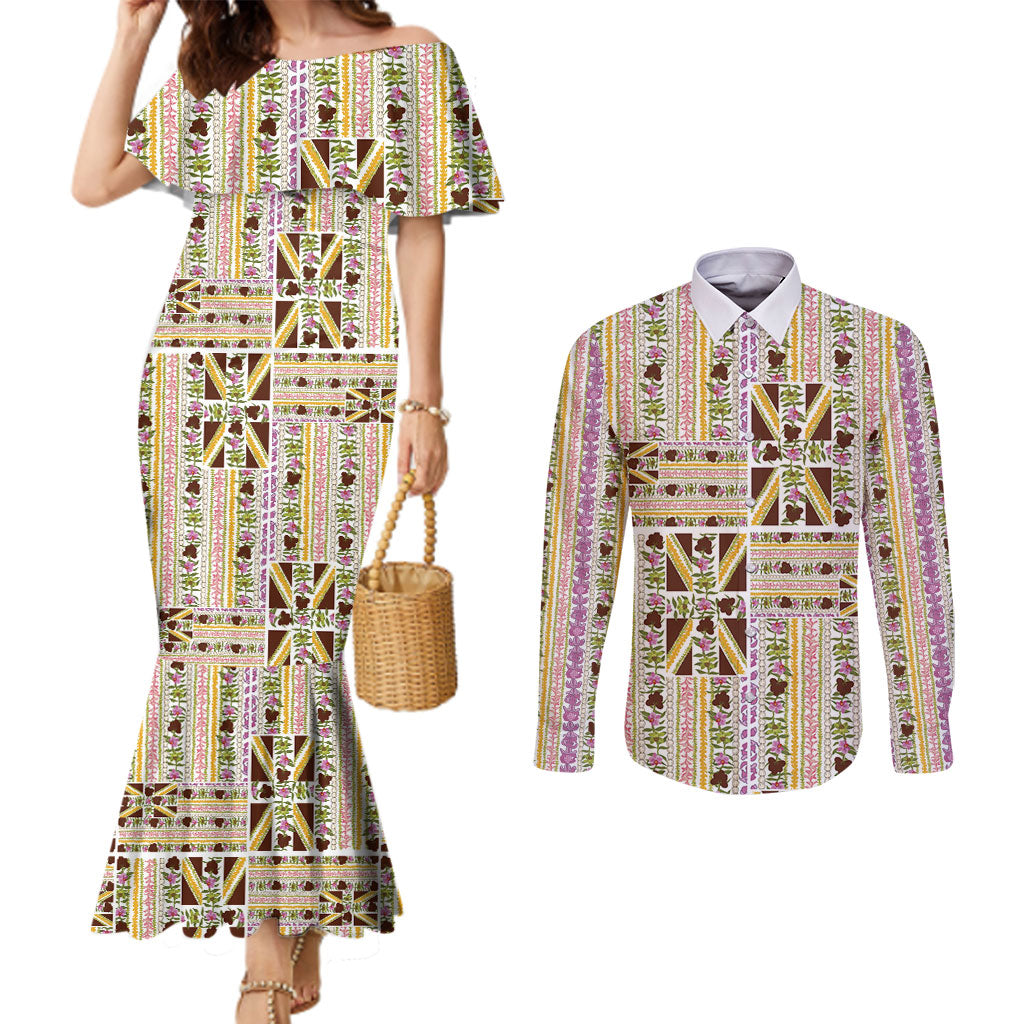 Hawaii Lokelani Pikake Lei Couples Matching Mermaid Dress and Long Sleeve Button Shirt Hawaiian Flag Motif