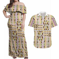 Hawaii Lokelani Pikake Lei Couples Matching Off Shoulder Maxi Dress and Hawaiian Shirt Hawaiian Flag Motif