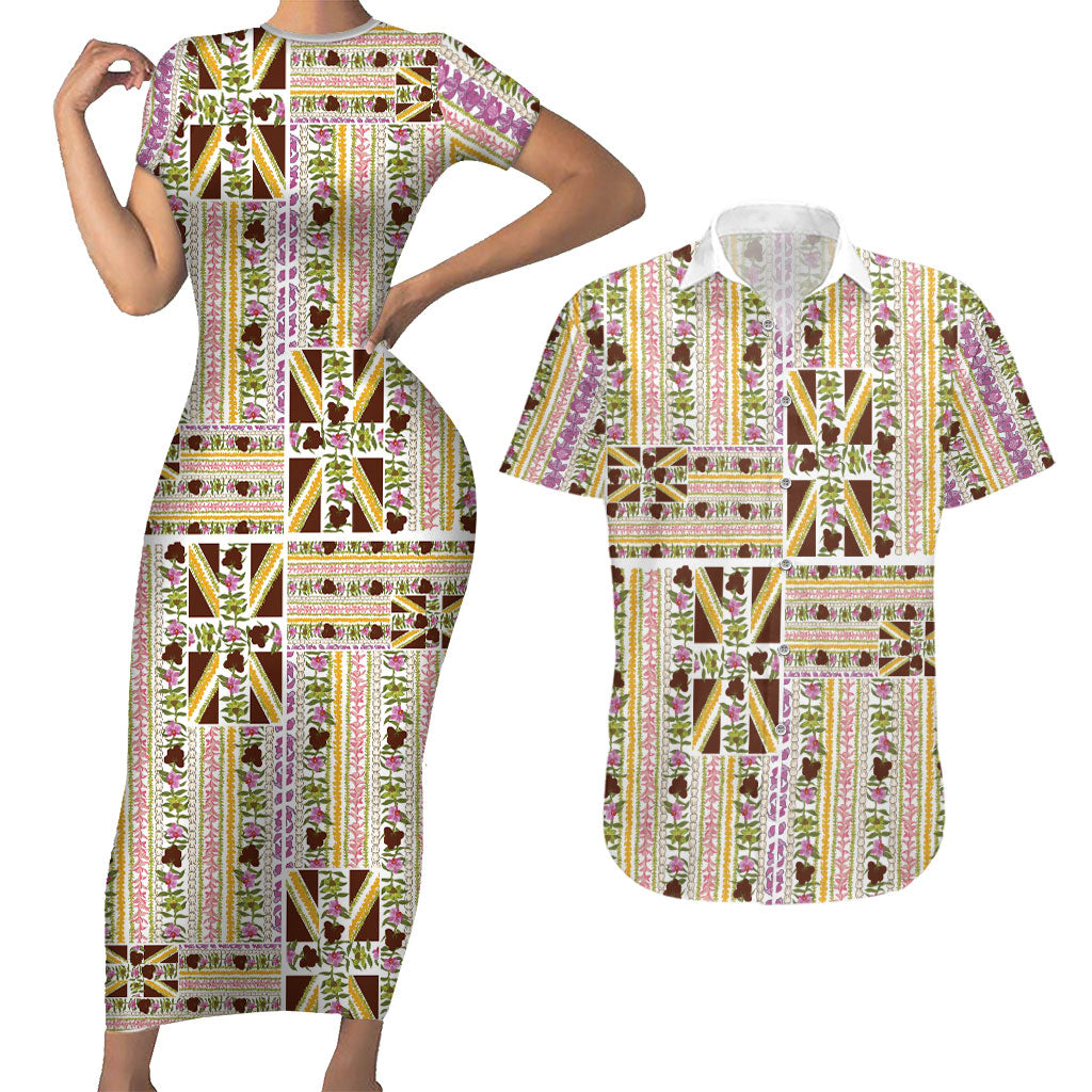 Hawaii Lokelani Pikake Lei Couples Matching Short Sleeve Bodycon Dress and Hawaiian Shirt Hawaiian Flag Motif