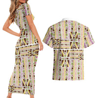 Hawaii Lokelani Pikake Lei Couples Matching Short Sleeve Bodycon Dress and Hawaiian Shirt Hawaiian Flag Motif