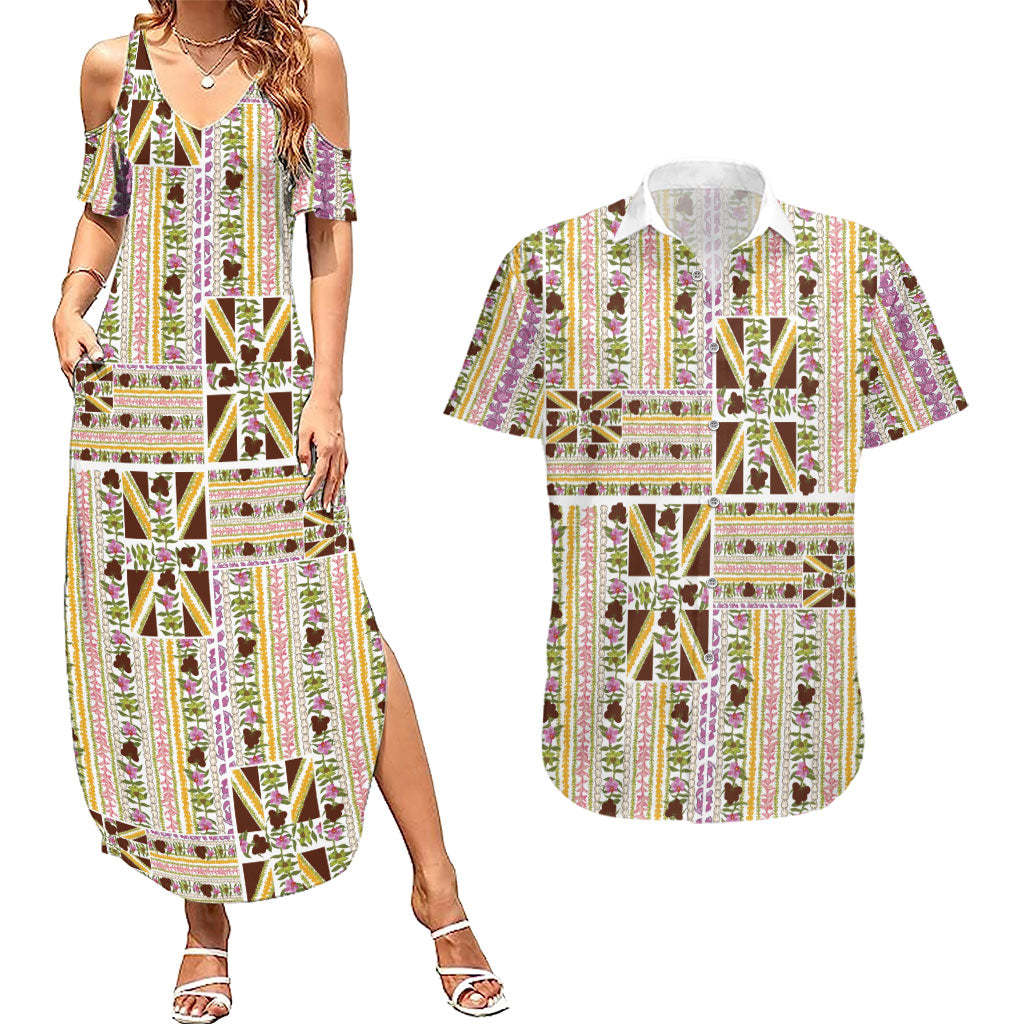 Hawaii Lokelani Pikake Lei Couples Matching Summer Maxi Dress and Hawaiian Shirt Hawaiian Flag Motif