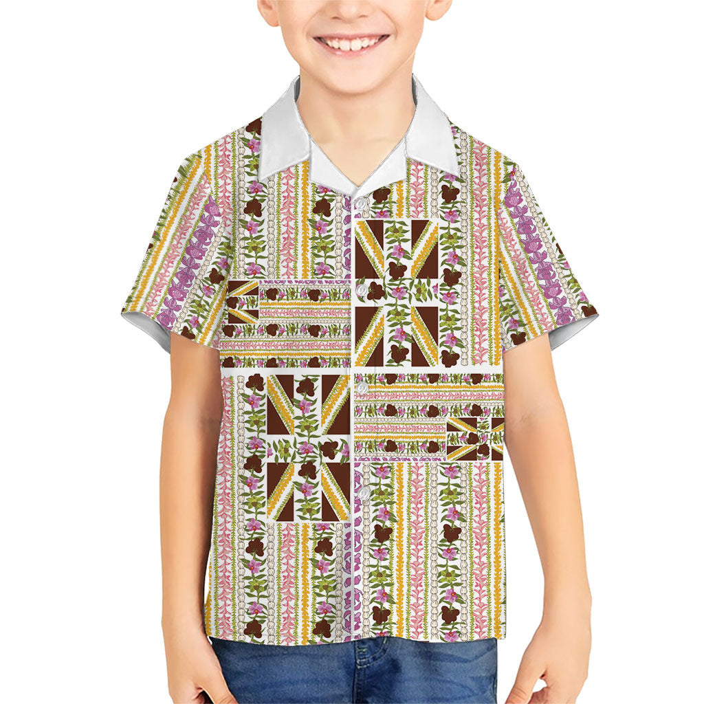 Hawaii Lokelani Pikake Lei Family Matching Long Sleeve Bodycon Dress and Hawaiian Shirt Hawaiian Flag Motif