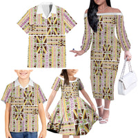 Hawaii Lokelani Pikake Lei Family Matching Off The Shoulder Long Sleeve Dress and Hawaiian Shirt Hawaiian Flag Motif