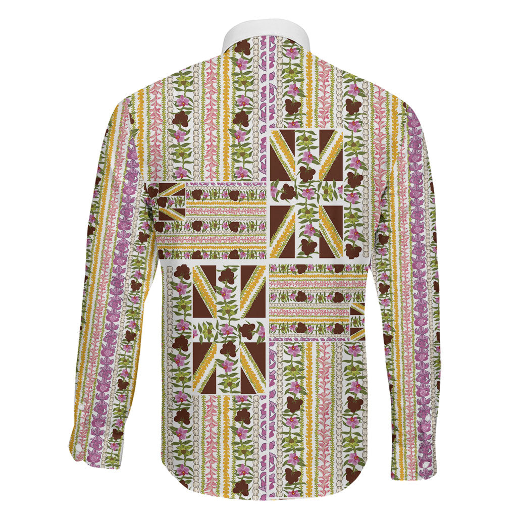 Hawaii Lokelani Pikake Lei Family Matching Off Shoulder Maxi Dress and Hawaiian Shirt Hawaiian Flag Motif