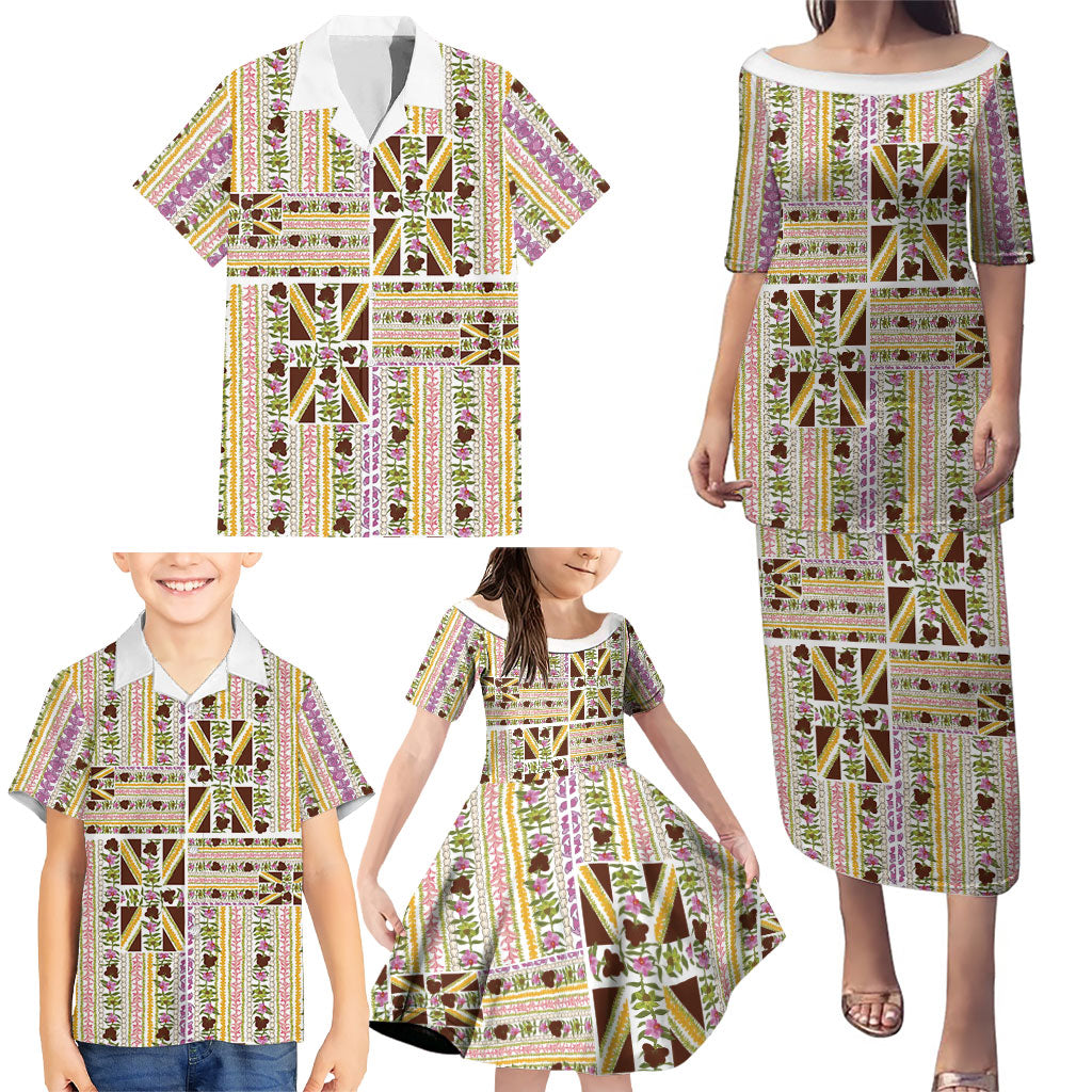 Hawaii Lokelani Pikake Lei Family Matching Puletasi and Hawaiian Shirt Hawaiian Flag Motif