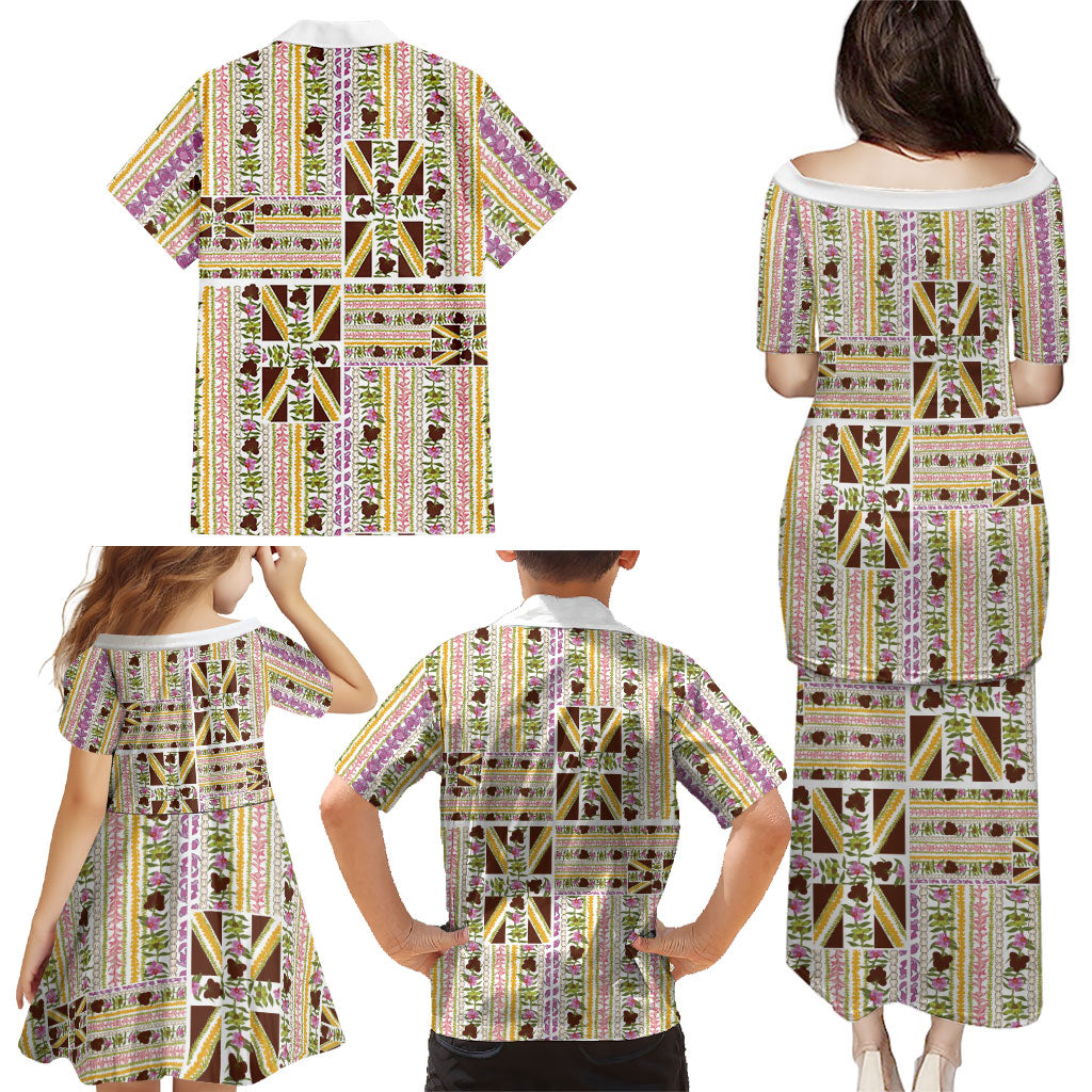 Hawaii Lokelani Pikake Lei Family Matching Puletasi and Hawaiian Shirt Hawaiian Flag Motif