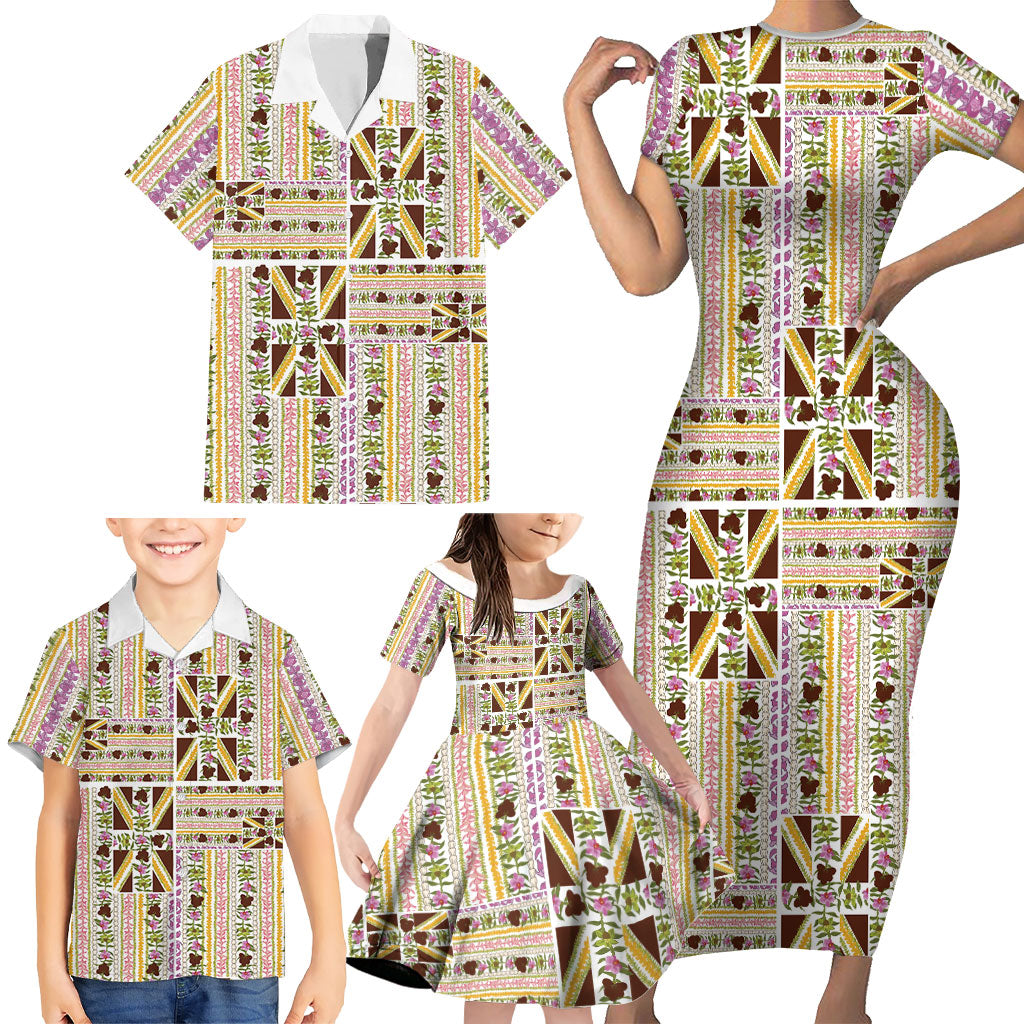 Hawaii Lokelani Pikake Lei Family Matching Short Sleeve Bodycon Dress and Hawaiian Shirt Hawaiian Flag Motif