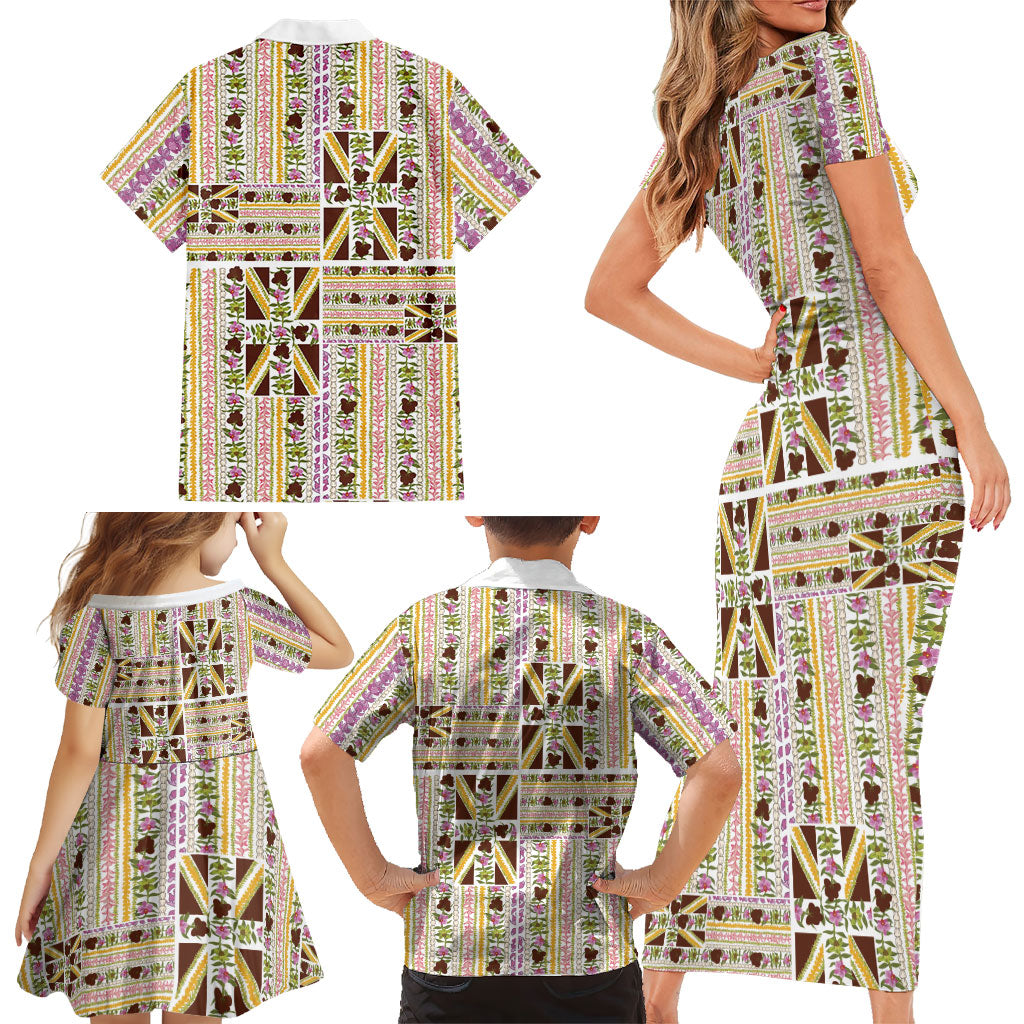 Hawaii Lokelani Pikake Lei Family Matching Short Sleeve Bodycon Dress and Hawaiian Shirt Hawaiian Flag Motif