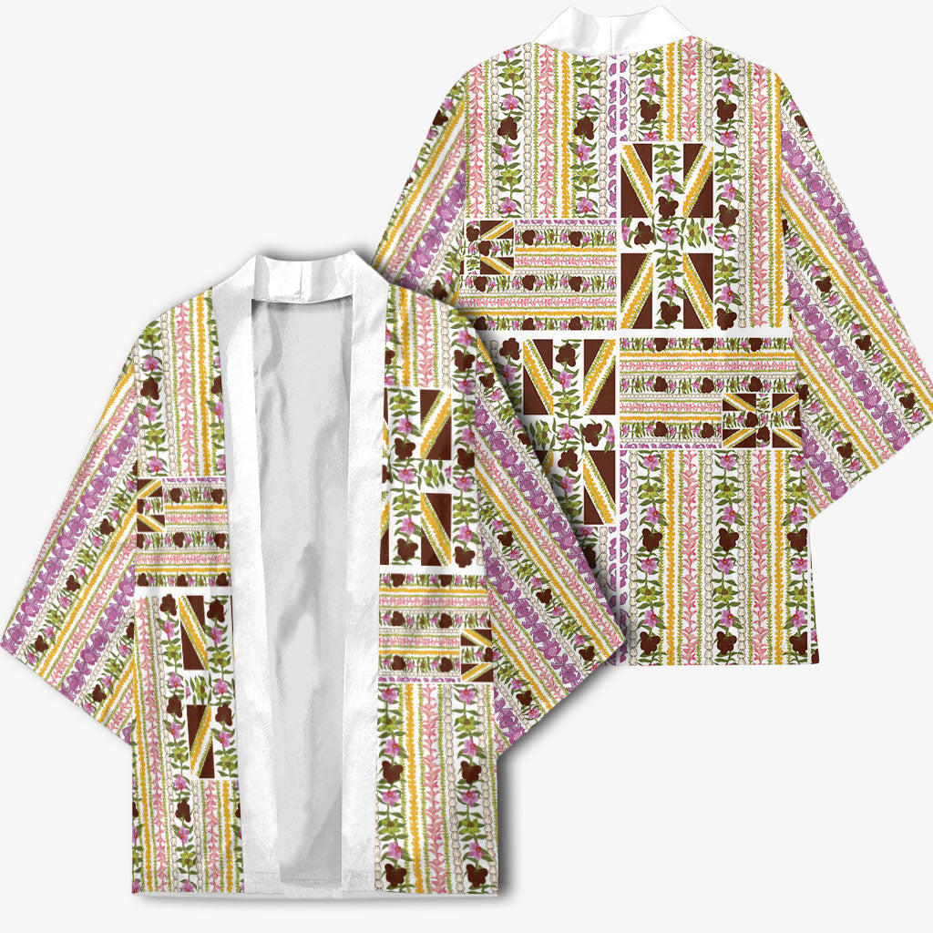 Hawaii Lokelani Pikake Lei Kimono Hawaiian Flag Motif