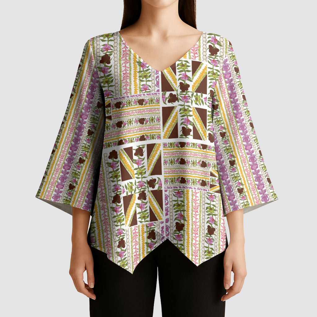 Hawaii Lokelani Pikake Lei Kimono Sleeve Blouse Hawaiian Flag Motif
