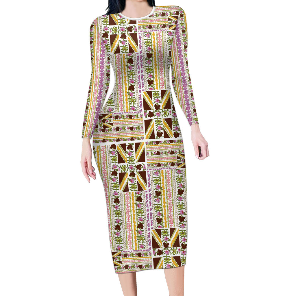 Hawaii Lokelani Pikake Lei Long Sleeve Bodycon Dress Hawaiian Flag Motif