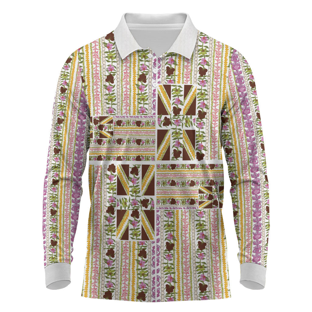Hawaii Lokelani Pikake Lei Long Sleeve Polo Shirt Hawaiian Flag Motif LT9 White - Polynesian Pride