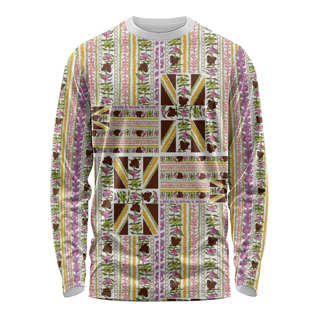 Hawaii Lokelani Pikake Lei Long Sleeve Shirt Hawaiian Flag Motif LT9 Unisex White - Polynesian Pride