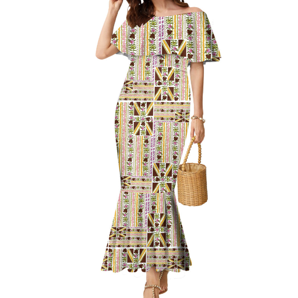 Hawaii Lokelani Pikake Lei Mermaid Dress Hawaiian Flag Motif LT9 Women White - Polynesian Pride