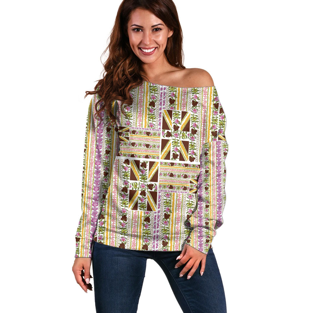 Hawaii Lokelani Pikake Lei Off Shoulder Sweater Hawaiian Flag Motif