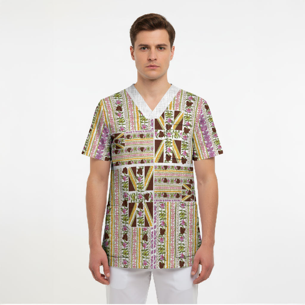 Hawaii Lokelani Pikake Lei Scrub Top Hawaiian Flag Motif