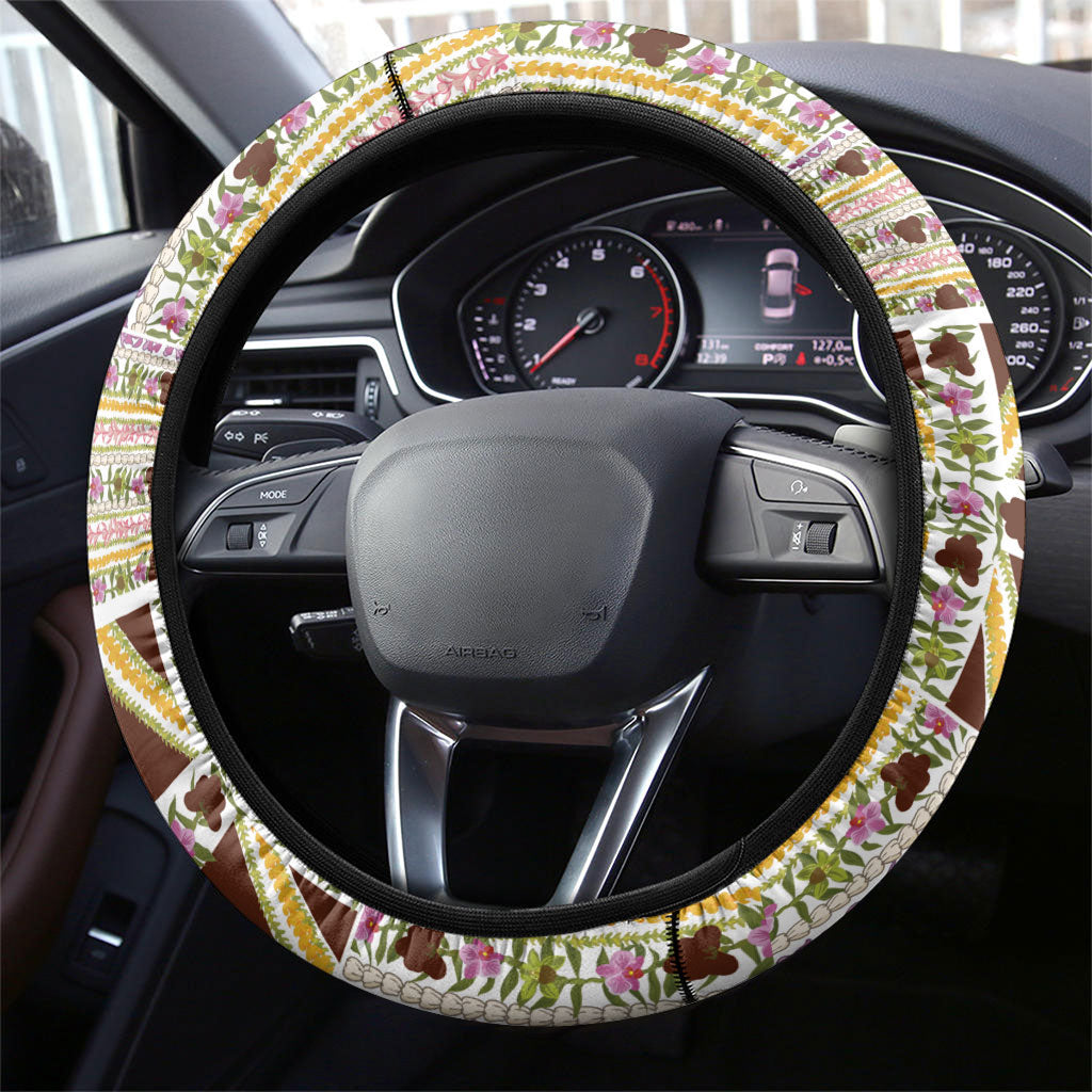 Hawaii Lokelani Pikake Lei Steering Wheel Cover Hawaiian Flag Motif
