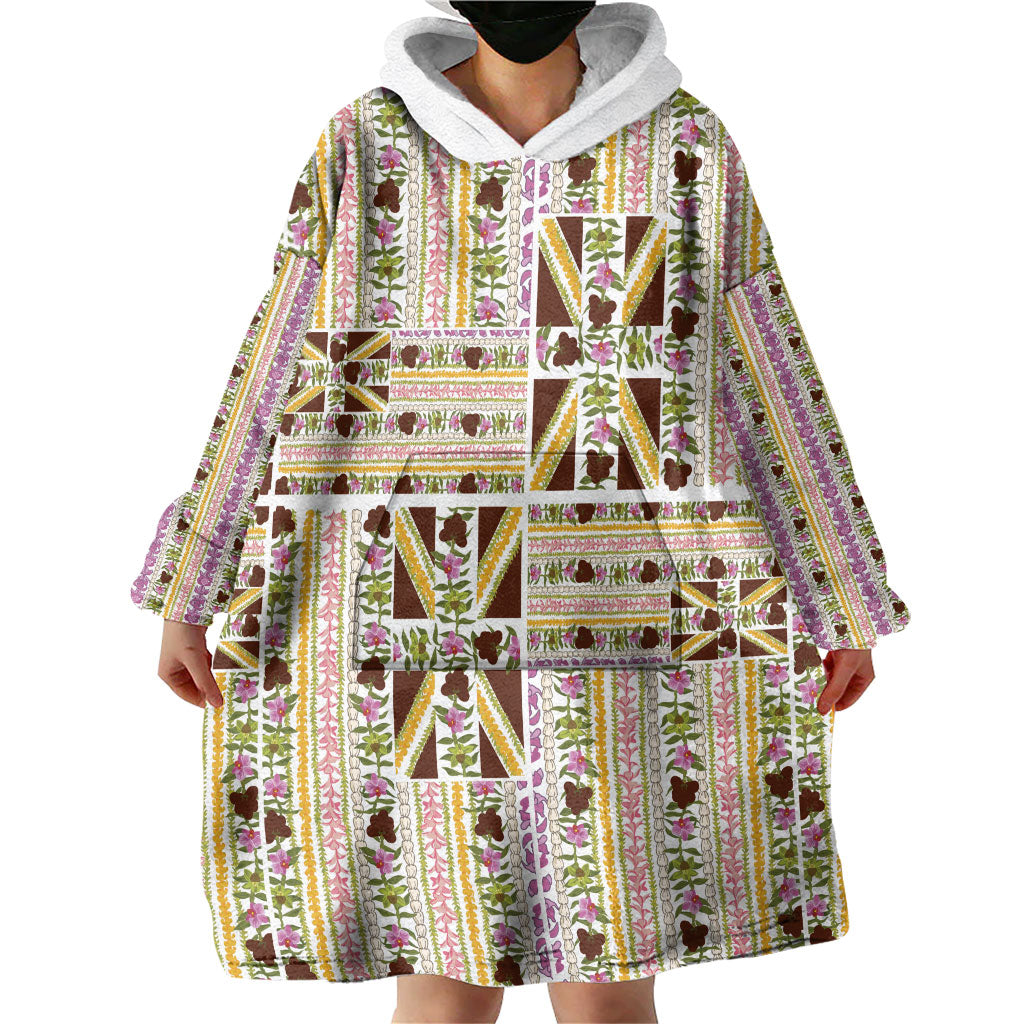 Hawaii Lokelani Pikake Lei Wearable Blanket Hoodie Hawaiian Flag Motif