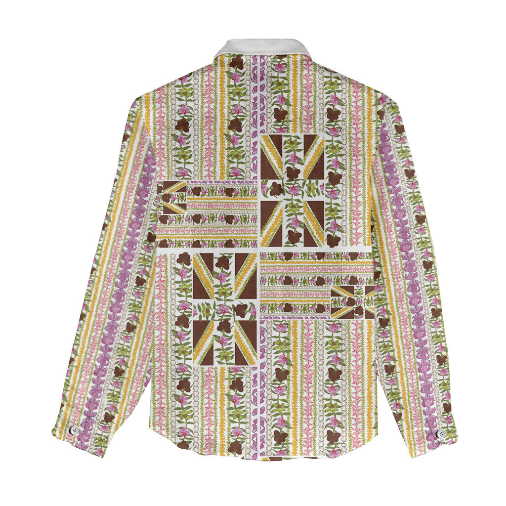 Hawaii Lokelani Pikake Lei Women Casual Shirt Hawaiian Flag Motif