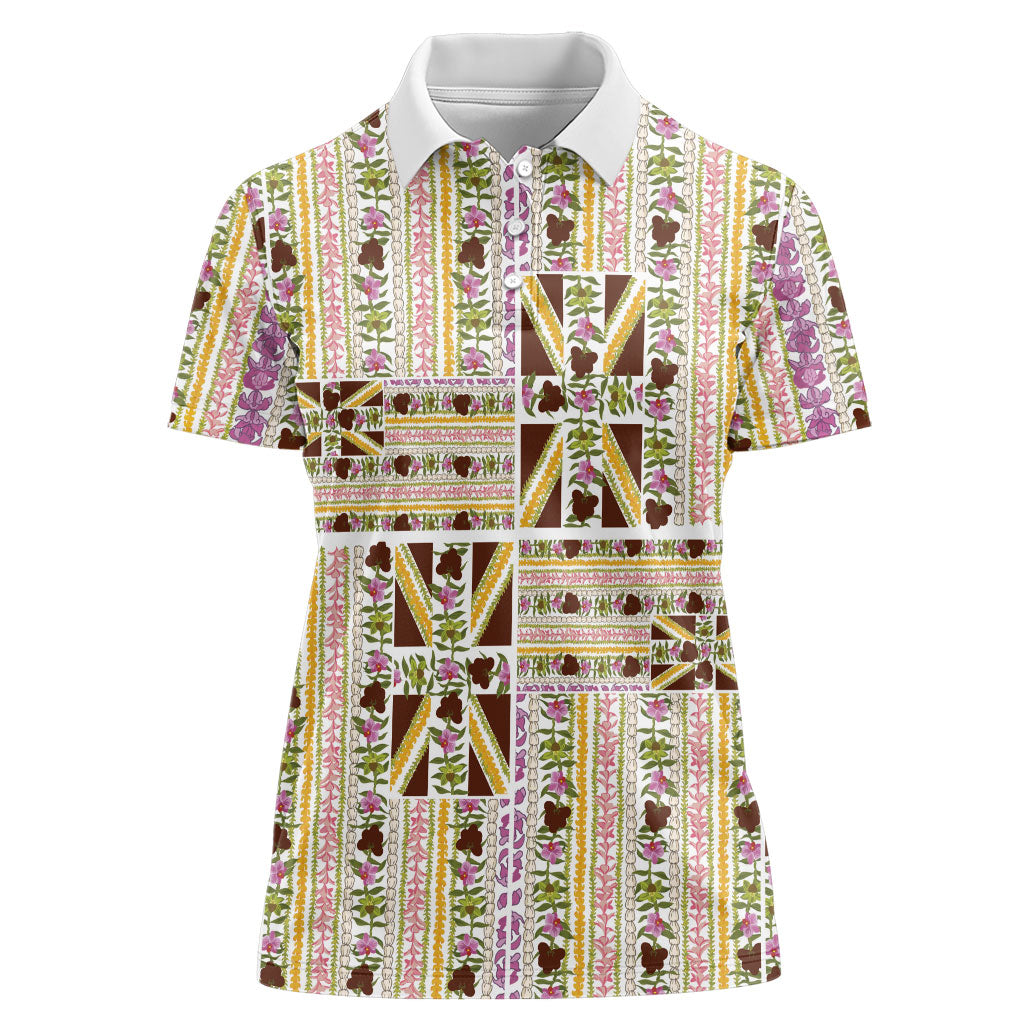 Hawaii Lokelani Pikake Lei Women Polo Shirt Hawaiian Flag Motif