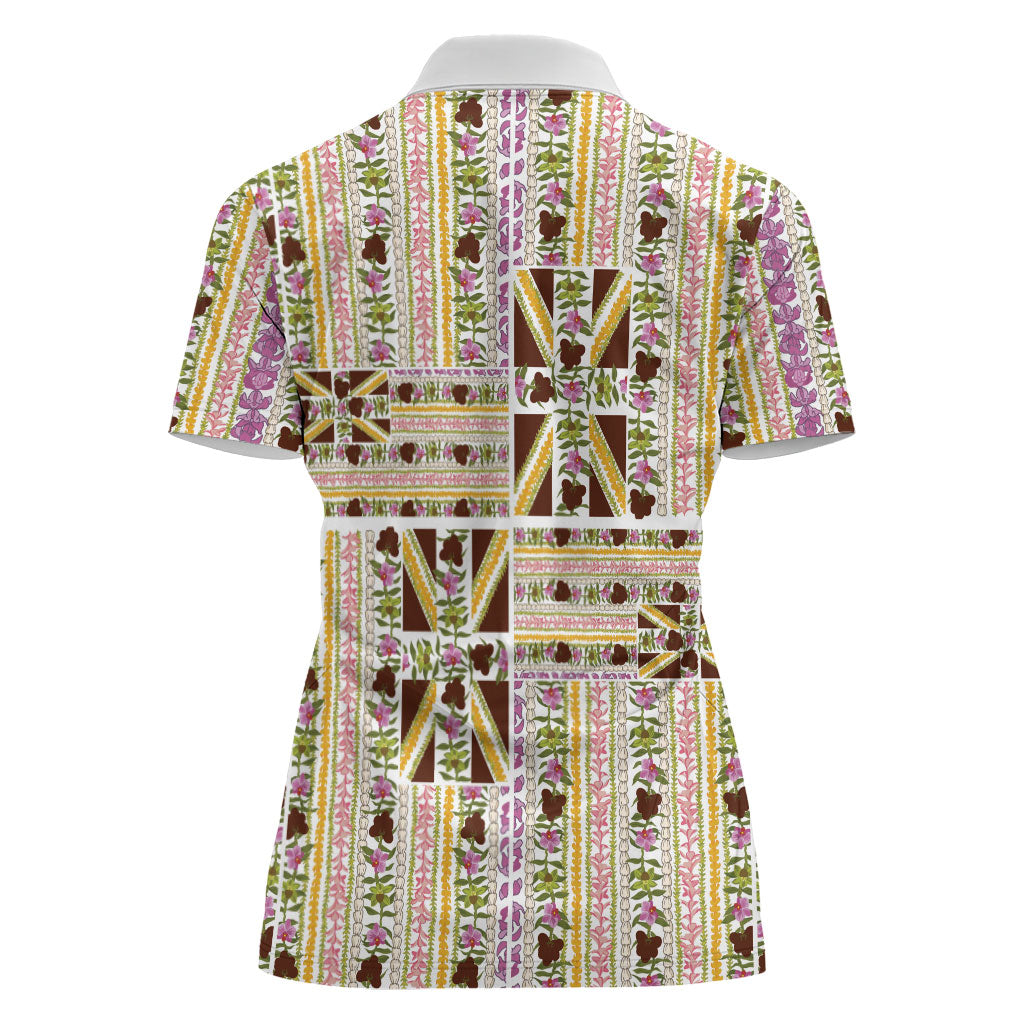 Hawaii Lokelani Pikake Lei Women Polo Shirt Hawaiian Flag Motif