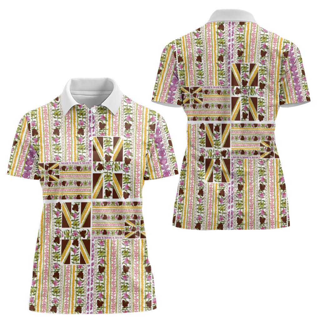 Hawaii Lokelani Pikake Lei Women Polo Shirt Hawaiian Flag Motif