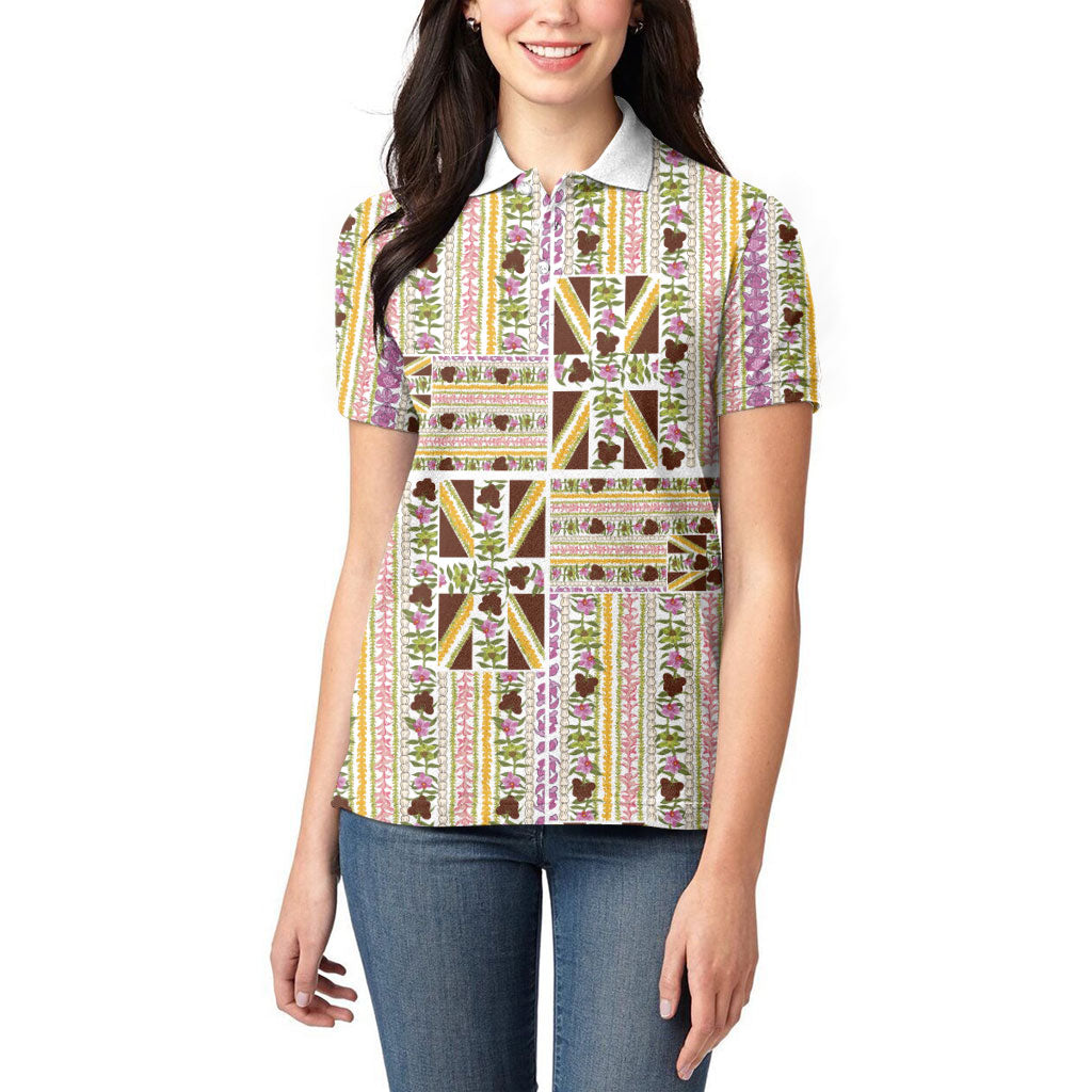 Hawaii Lokelani Pikake Lei Women Polo Shirt Hawaiian Flag Motif
