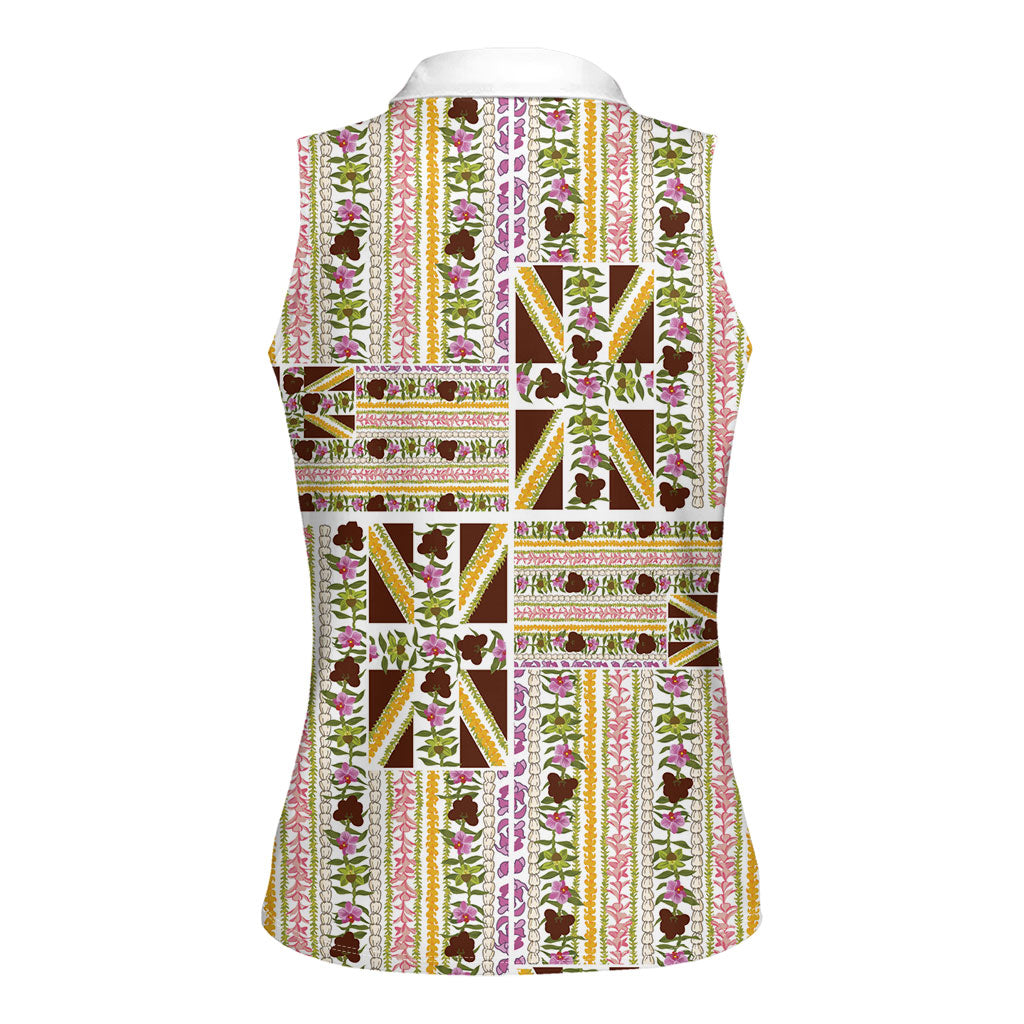 Hawaii Lokelani Pikake Lei Women Sleeveless Polo Shirt Hawaiian Flag Motif