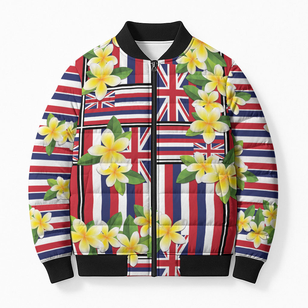 Hawaii Plumeria Lei Bomber Puffer Jacket Hawaiian Flag Motif