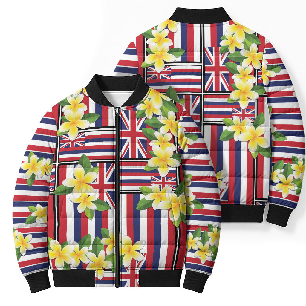 Hawaii Plumeria Lei Bomber Puffer Jacket Hawaiian Flag Motif